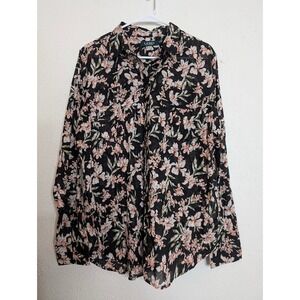Lauren Ralph‎ Lauren Womens Size XL Black Dark Floral Button-Up Blend Semi-Sheer